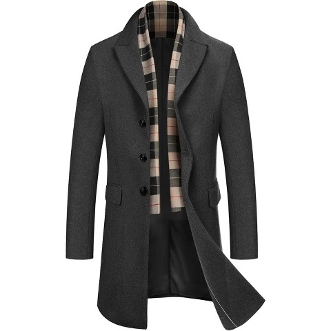 COOFANDY Men's Wool Blend Coat with Detachable Plaid Scarfs Notched Collar Single Breasted Pea Coat Trench Overcoat Grey XL