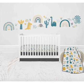 Bacati - Little Dino Boys Teal/Yellow Muslin 4 pc Crib Bedding Set with 2 Fitted Sheets