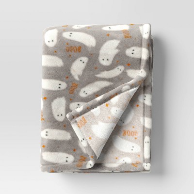 Image of Ghost Printed Plush Halloween Throw Blanket Gray/Ivory - Hyde & EEK! Boutique™: Knitted, Recycled Polyester, 50x60", Machine Washable