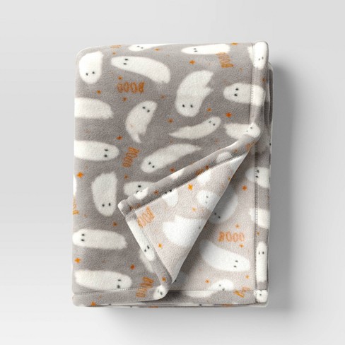 Ghost Printed Plush Halloween Throw Blanket Gray ivory Hyde Eek Boutique Knitted Recycled Polyester 50x60