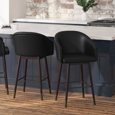 Black Leather and Walnut Wood Counter Stools with Metal Accents