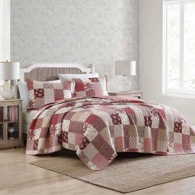 Celina Patchwork Red and Beige Cotton King Quilt Set