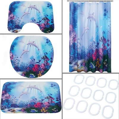 The Lakeside Collection Dolphin Memory Foam Bath Rugs & Shower Curtain Complete 16 Pc Set