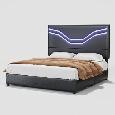 AMERLIFE Bed Frame with LED Lights and Storage Drawers, Leather Upholstered Headboard, No Box Spring Needed