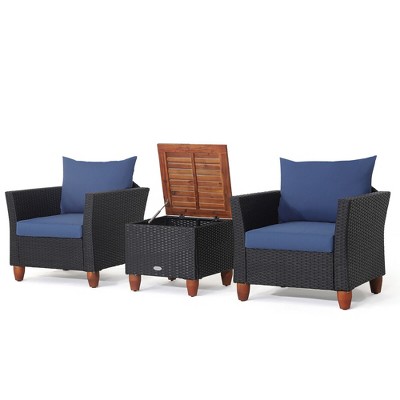 Tangkula 3PCS Patio Rattan Conversation Set Outdoor Furniture Set w/ Cushions