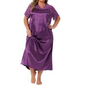 Agnes Orinda Women's Plus Size Satin Lace V Neck Short Sleeve Maxi Chemise Soft Lounge Nightgown - 1 of 4