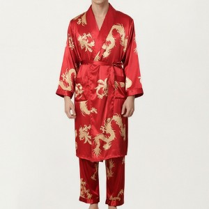 Anna-Kaci Men's 2-Piece Set Satin Dragon Print Robe and Lounge Pants with Shawl Collar and Waist Tie - 1 of 4