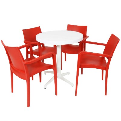 Sunnydaze All-Weather Commercial-Grade Landon Indoor/Outdoor Patio Furniture Dining Set with Round Table with Folding Top, Red and White, 5pc