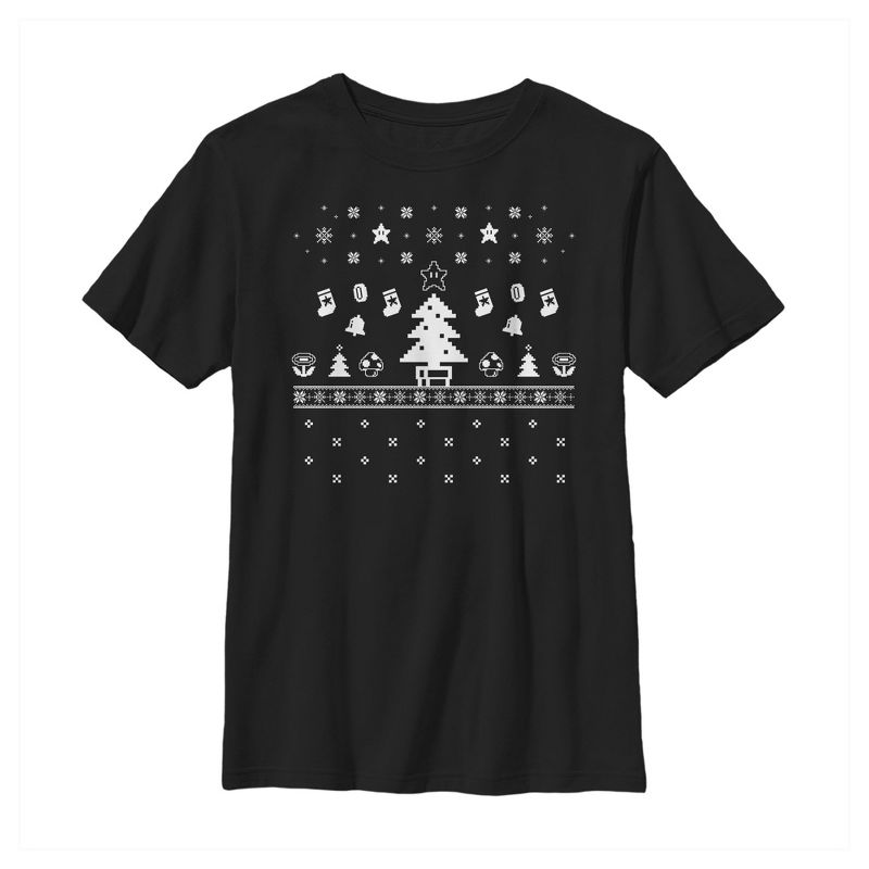 Boy's Nintendo Ugly Christmas Tree Super Mario T-Shirt, 1 of 5