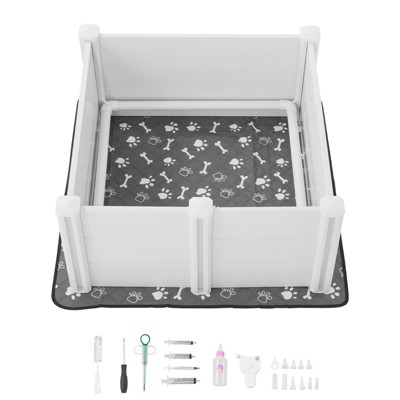 VEVOR Dogs Whelping Box, 38.6 x 38.6 x 18.1 inch, Plastic PVC Puppies Playpen with Height Adjustable Door and Washable Pee Pad, Milk White