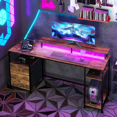 RISOKEYS Gaming Computer Desk with Storage Shelves,Office Desk with Monitor Stand and Drawers For Home Office Study,(Table only)Rustic Brown