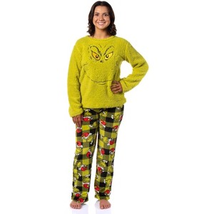 Dr. Seuss Women's The Grinch Santa Fleece Buffalo Plaid Sleep Pajama 2PC Set(XS) Multicolured - 1 of 4