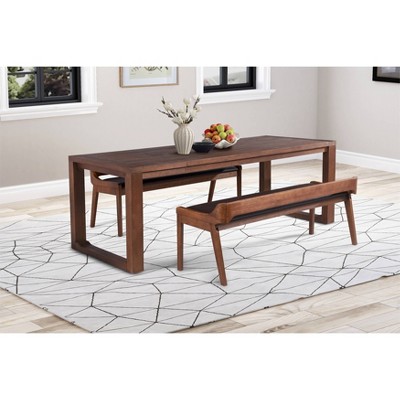 Chestnut Wire-Brush Finish Acacia Wood Dining Set with Faux Leather Benches