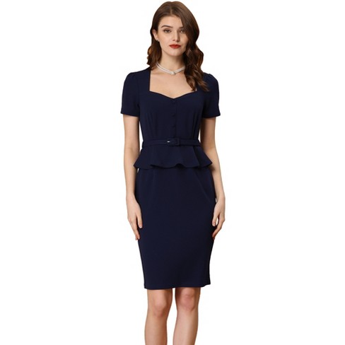 Allegra K Women's Peplum Sweetheart Neck Short Sleeve Wear To Work Office  Sheath Dress Navy Blue X-small : Target