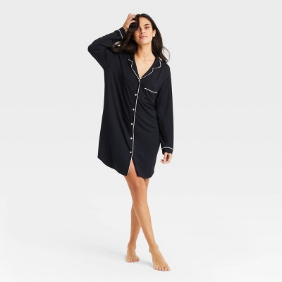 Black Satin Oversized Down Long Sleeve Night Shirt