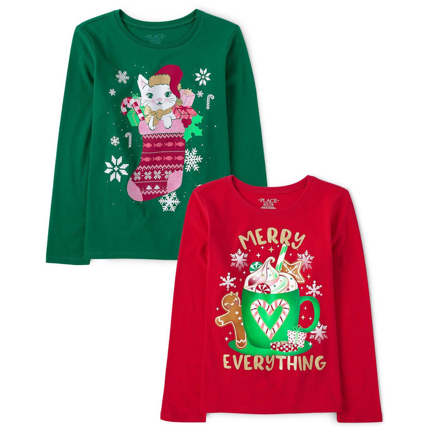 Футболки The Children's Place Long Sleeve Christmas Graphic Tee 2-Pack Multi M (7/8) для девочек — фото 1
