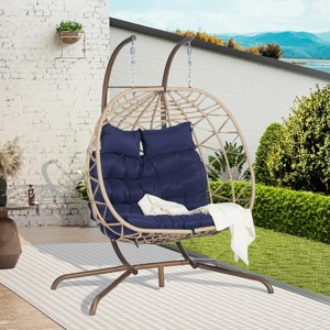 Double Egg Chair With Stand,Hanging Wicker Rattan Basket Egg Chair With Cushion,Egg Chair 2 Seater,Egg Chairs For Patio-Cuddlewood - 1 of 4