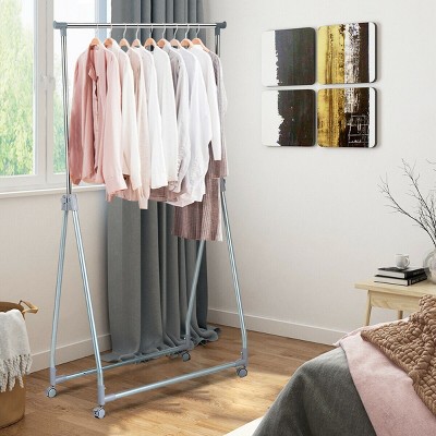 Silver Adjustable Foldable Metal Garment Rack with Wheels