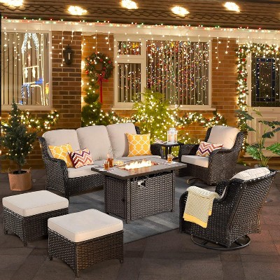 XIZZI Wicker Patio Furniture Set with 3-Seat Sofa, Swivel Rocking Armchairs & Ottomans & Side Table, Modular Sectional Outdoor Conversation Sofa Set