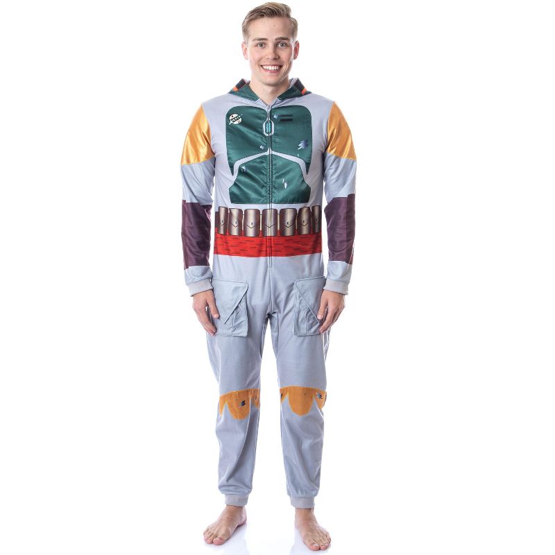 Star Wars Mens' Boba Fett Hooded Costume Union Suit One-Piece Pajama Grey, 5 of 7