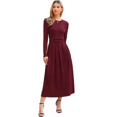 INSPIRE CHIC Women's High Waist Pleated Front Long Sleeve A-Line Ribbed Knitted Maxi Dress