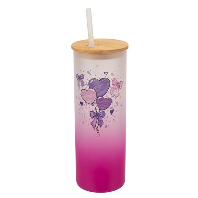 Elanze Designs 25 Ounce Frosted Glass Gradient Travel Tumbler With Straw and Wooden Lid, Heart Balloons Pink