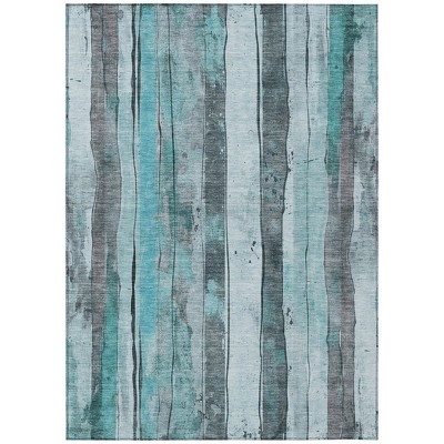 Teal Blue And Gray Striped Washable Indoor Outdoor Area Rug