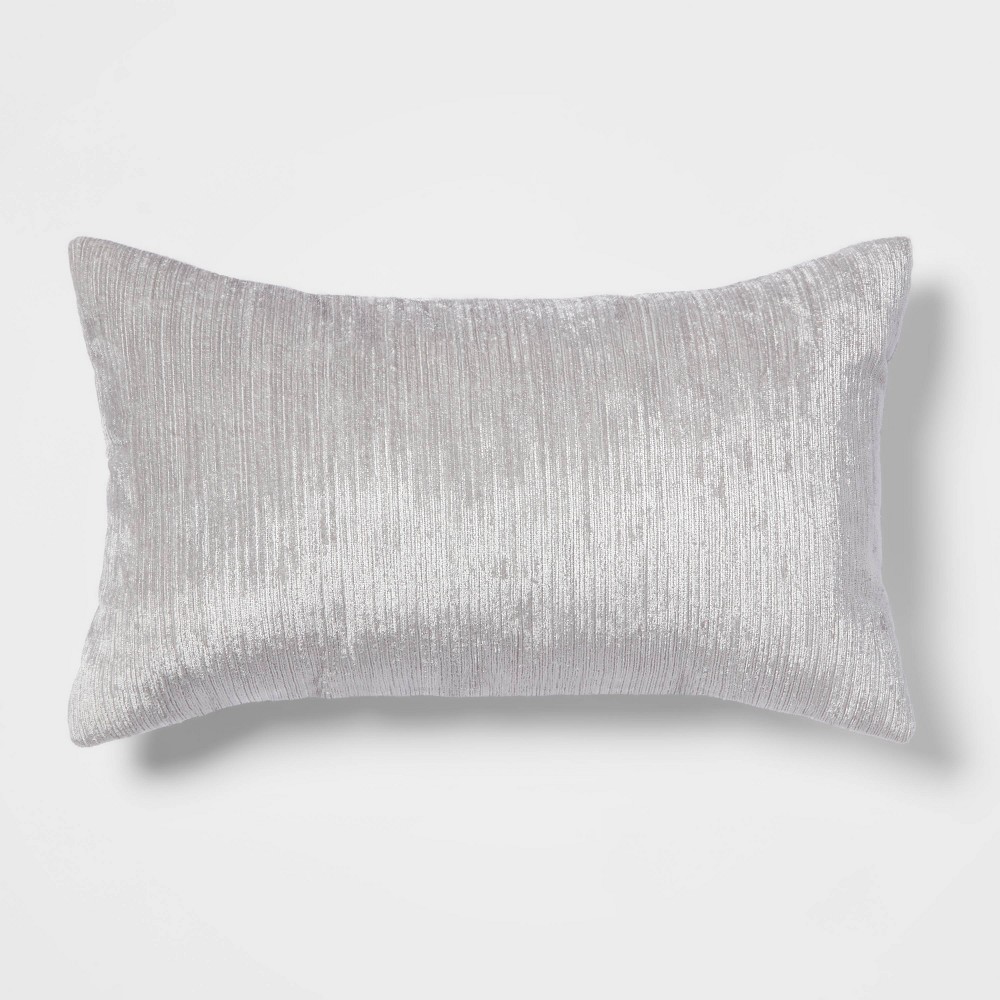 Photos - Pillow Velvet Rib Textured Lumbar Throw  Gray - Threshold™: Modern Indoor Decorative Cushion, Polyester Fiber Fill