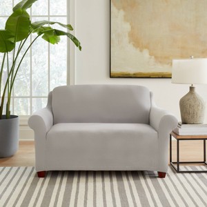 Sure Fit Hampstead Stretch Velvet Loveseat Slipcover Light Gray: Pet Friendly, Machine Washable - 1 of 4