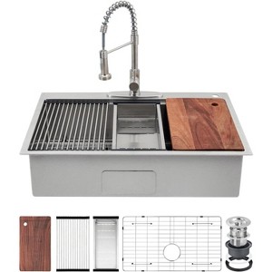Acekool 33"x22"x9" Drop-In Stainless Steel Kitchen Sink, Top Mount Single Bowl with Pull-Down Faucet & Accessories, Black - 1 of 4