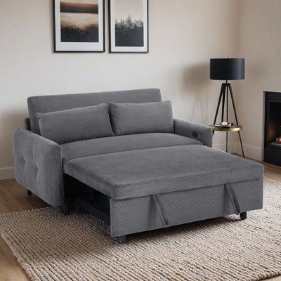 57.48" Pull-out Sofa Bed Convertible Couch 2 Seat Loveseat Sofa Modern Sleeper Sofa with Two Throw Pillows and USB Ports - Leovsnove