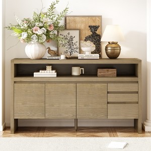 60" 3-Door Sideboard with 3 Drawers, Ash Veneer MDF, Semi-Open Shelf, Center Cutout, Large Storage Cabinet for Living Room - 1 of 4