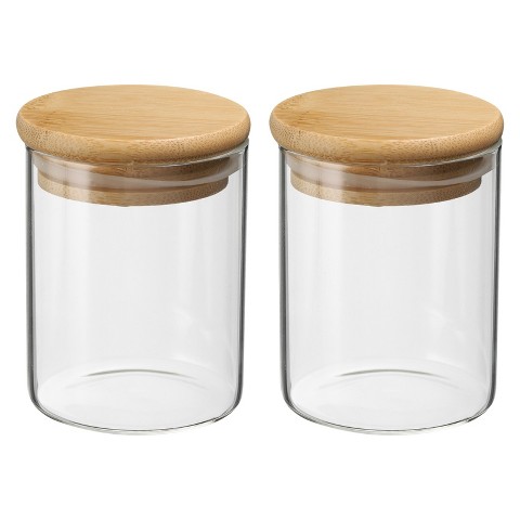 Unique Bargains Kitchen Food Storage Glass Jar with Airtight Bamboo Lid 2 Pcs 8x6.5cm
