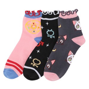 Sailor Moon Cosmic Symbols & Cats Women's 3-Pair Lettuce Edge Casual Quarter Crew Socks - 1 of 4