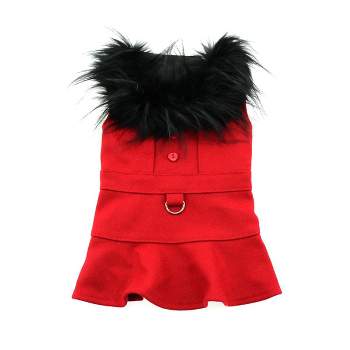 Doggie Design Wool Dog Coat Harness Fur Collar with Matching Leash-Red