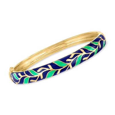 Ross-Simons Blue and Green Enamel Leaf Bangle Bracelet in 18kt Gold Over Sterling