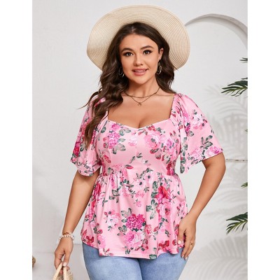 Womens Plus Size Sweetheart Neckline Printed Casual Summer Top Blouses