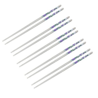 Unique Bargains Stainless Steel Flower Pattern Household Kitchen Chopsticks Silver Tone Green White Purple 5 Pairs