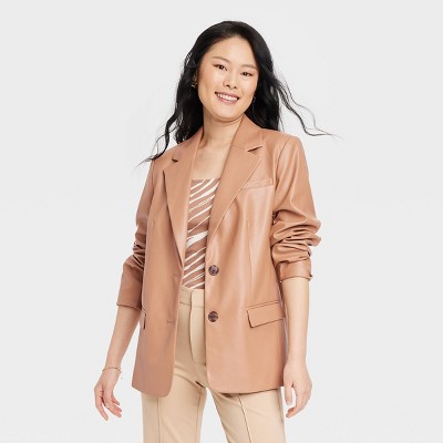 Women's Faux Leather Relaxed Fit Blazer - A New Day™ Brown