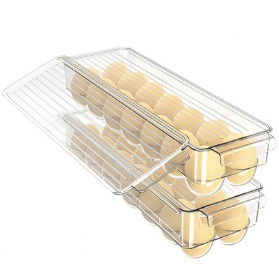 J&V TEXTILES Egg Container With Lid and Handle for Refrigerator Organization- Pack of 2 - Clear Stackable Egg Holder for Kitchen or Pantry