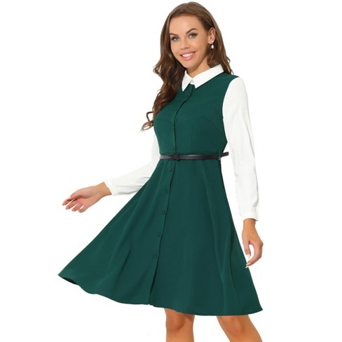 Allegra K Women's Work Button Front Dress Long Sleeve Contrast Collar Shirt  Dresses Green Medium : Target