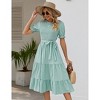 Women's Puff Short Sleeve Smocked Midi Dress Casual Summer Floral Print Elastic Waist Tiered A Line Maxi Dress - 3 of 4