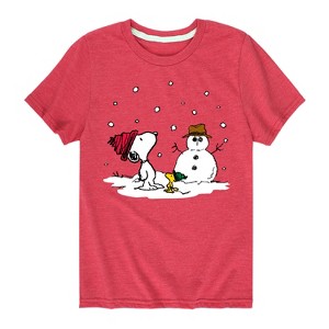 Boys' - Peanuts - Snoopy Woodstock Snowman Short Sleeve Graphic T-Shirt - 1 of 4