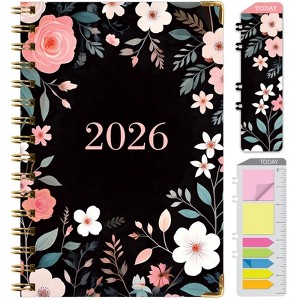 HARDCOVER 2026 Planner, 5.5"x8": 14 Months (Nov 2025-Dec 2026), Daily/Weekly/Monthly,  Bookmark, Pocket Folder w Sticky Notes (Black Floral Pink) - 1 of 4