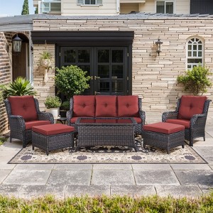 Gymojoy 6 Piece Outdoor Wicker Sofa with Patio Chairs with Coffee Table and Ottoman Sets - 1 of 4
