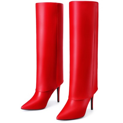 BLISSFUL STEP Women's Fold Over Pointed Toe Zipper Stiletto Heel Knee-High Boots