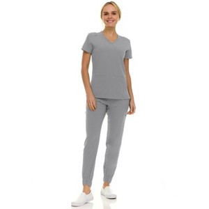 Saint Scrubs Womens 9-Pocket Medical Uniform Set- V-Neck Stretch Top with Seven Pocket Jogger Scrub Pant - 1 of 4
