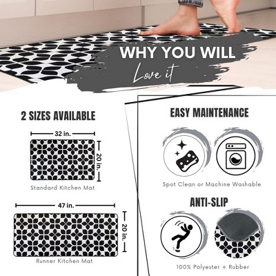 Martha Black and White Geometric Tile Design Kitchen Mat