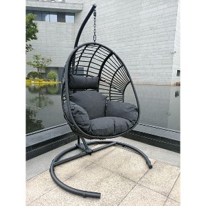 Okak PE Wicker Egg Swing Chair with Stand,Indoor/Outdoor Hanging Chair with Cushion,Swing Egg Chair for Patio,Garden,Backyard - 1 of 4