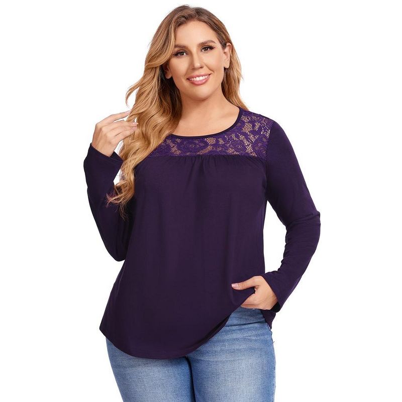 WhizMax Women Plus Size Pleated Flowy Top 3/4 Roll Sleeve Casual Loose Blouse Round Neck Tunic Shirt Long Sleeve, 2 of 8
